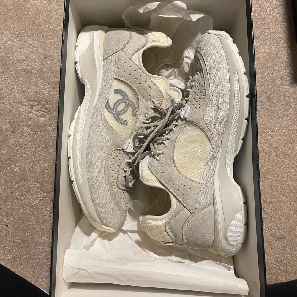 CHANEL Men's Sneakers in Light Gray and Cream